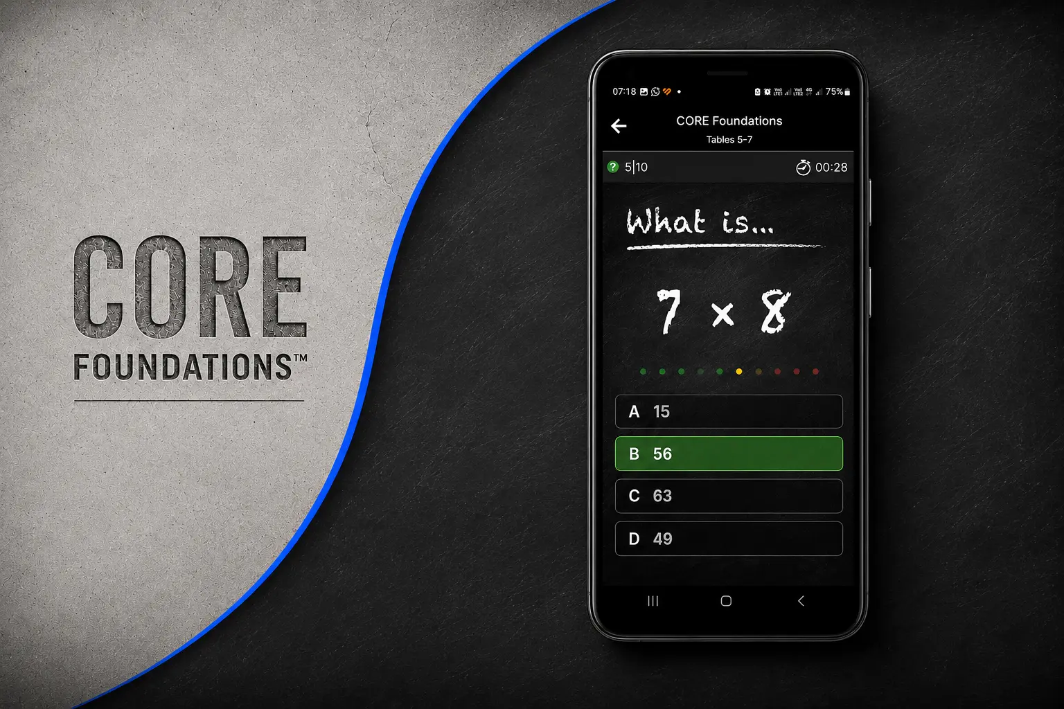 SmartAZ CORE Foundations showing a seven times eight recall question