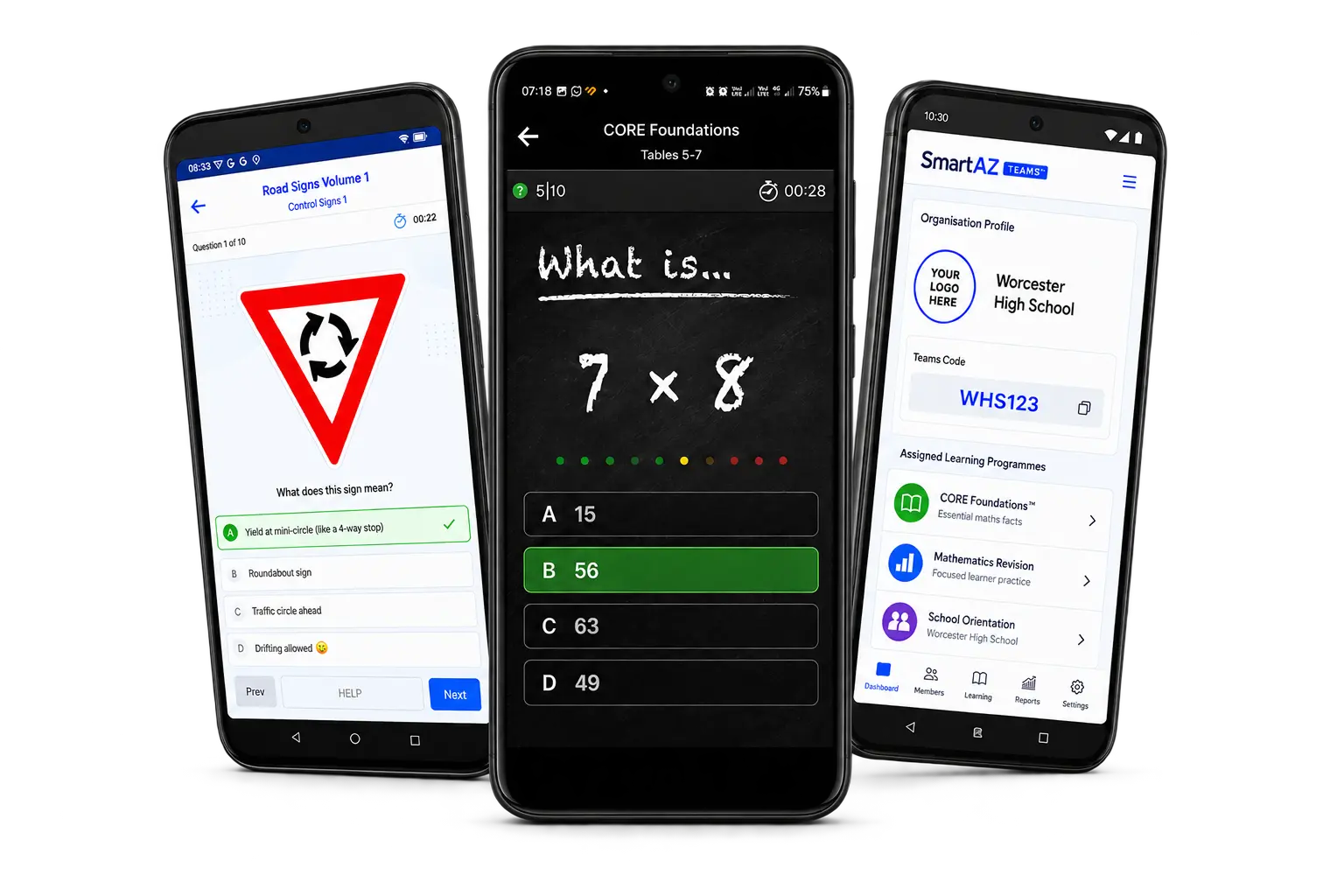 SmartAZ CORE Foundations, K53 Learner and Teams shown on three Android phones