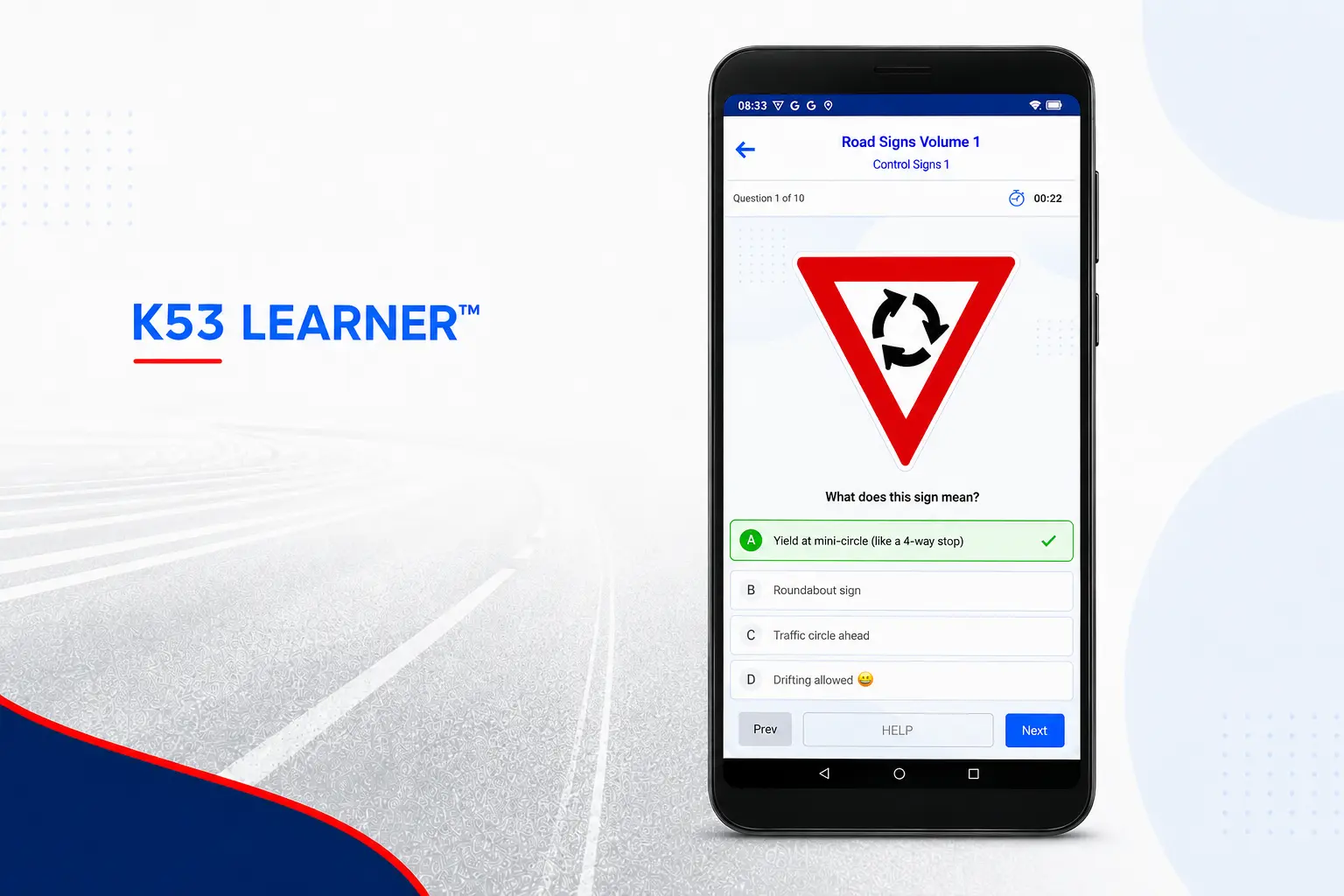 SmartAZ K53 Learner showing the mini-circle yield road sign question