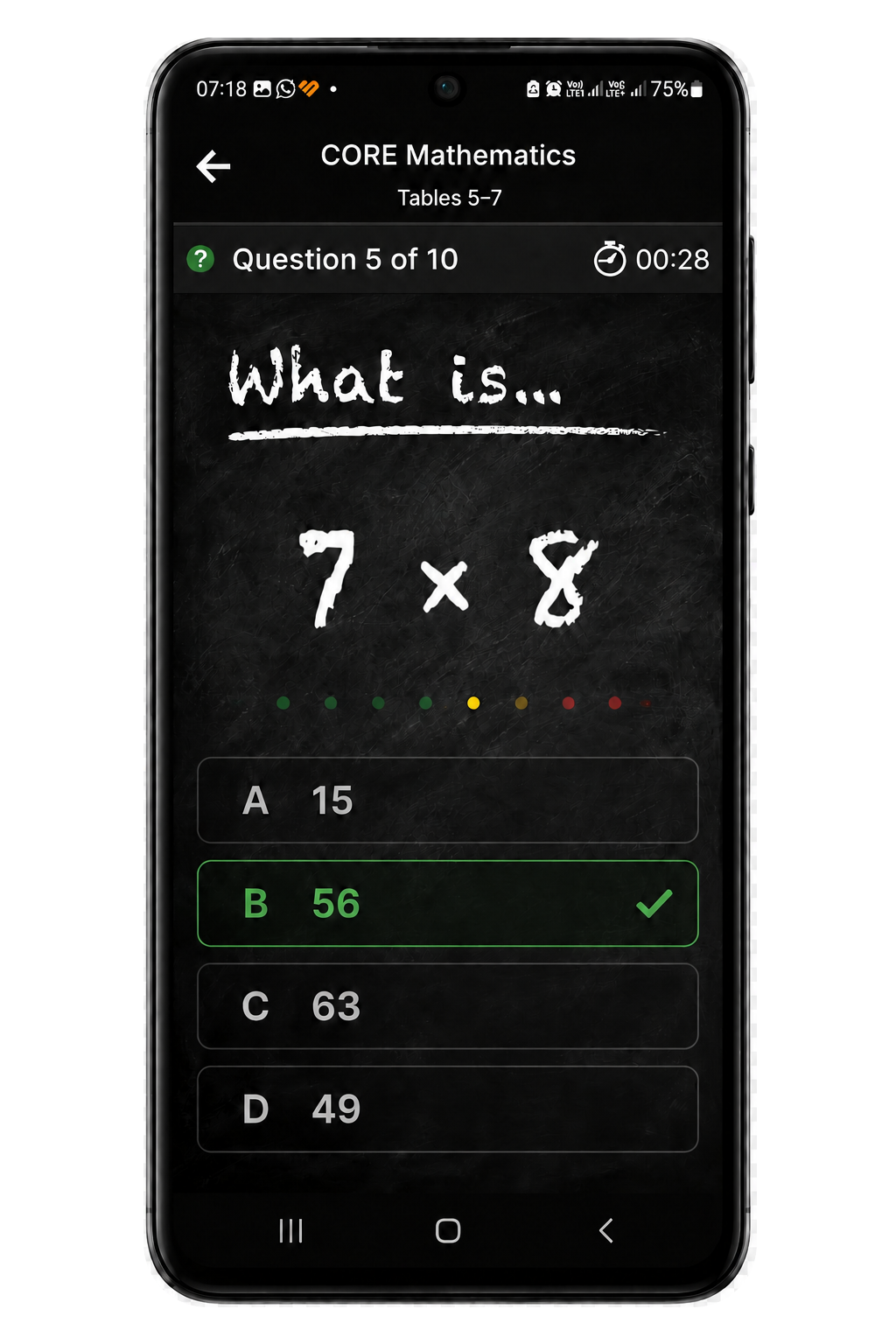 SmartAZ CORE Mathematics question asking seven times eight