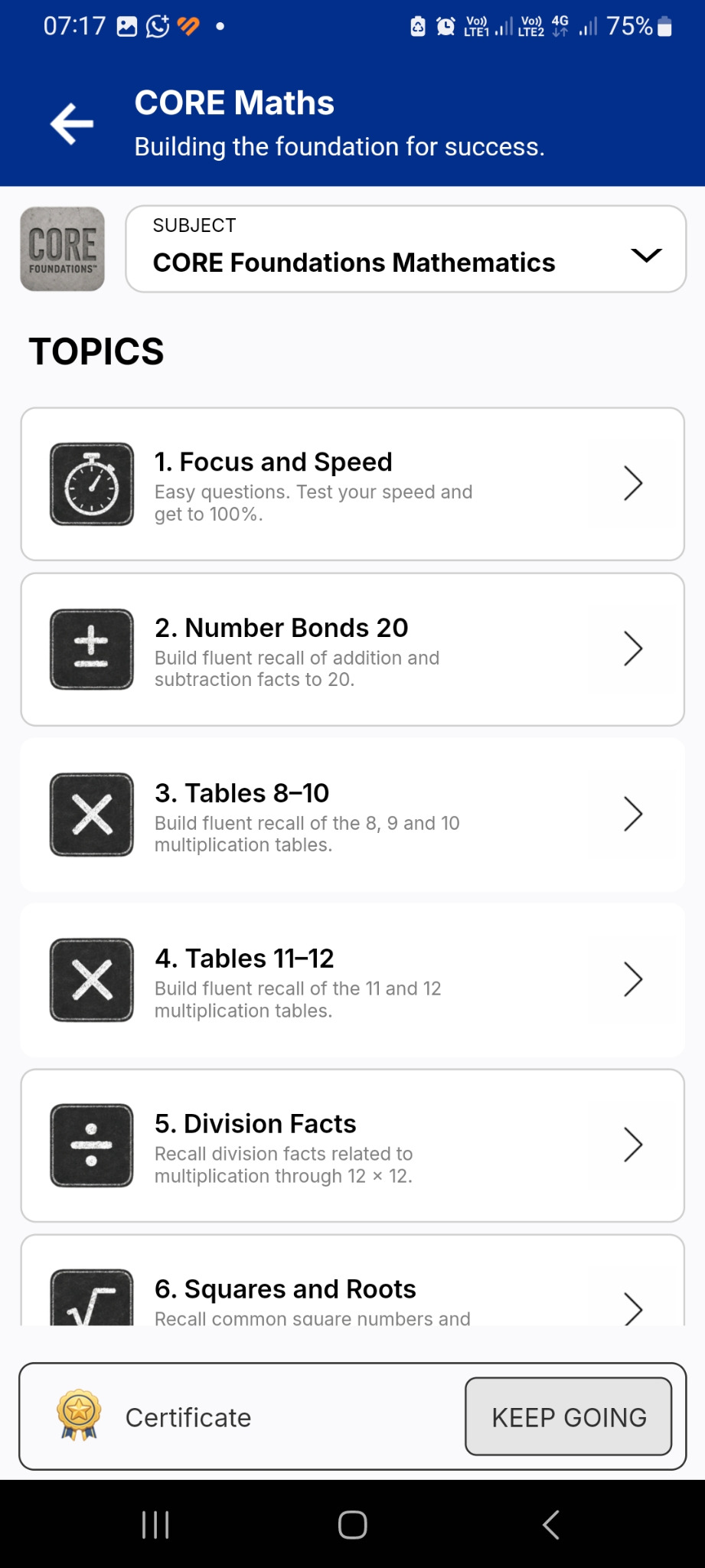 SmartAZ CORE Mathematics topic list and certificate button